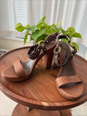 Lauren Ralph Lauren Woven Brown Platform Block Heel Sandals
